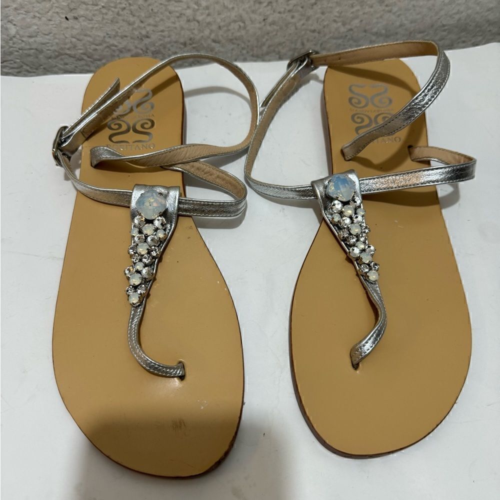 Positano Metallic silver Multicolor Jeweled Thong Sandal Made In Italy Size 10